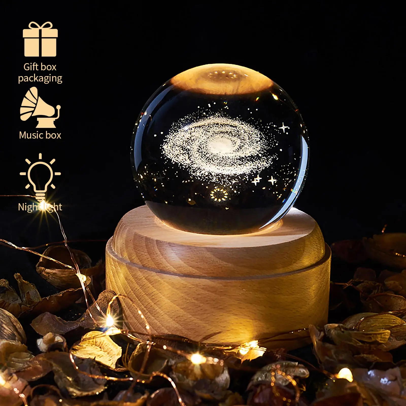 Crystal Ball Wooden Luminous Music Box Music Box Projector Rotary Innovative Birthday Gift Hand Crank Music Box Mechanism Gift