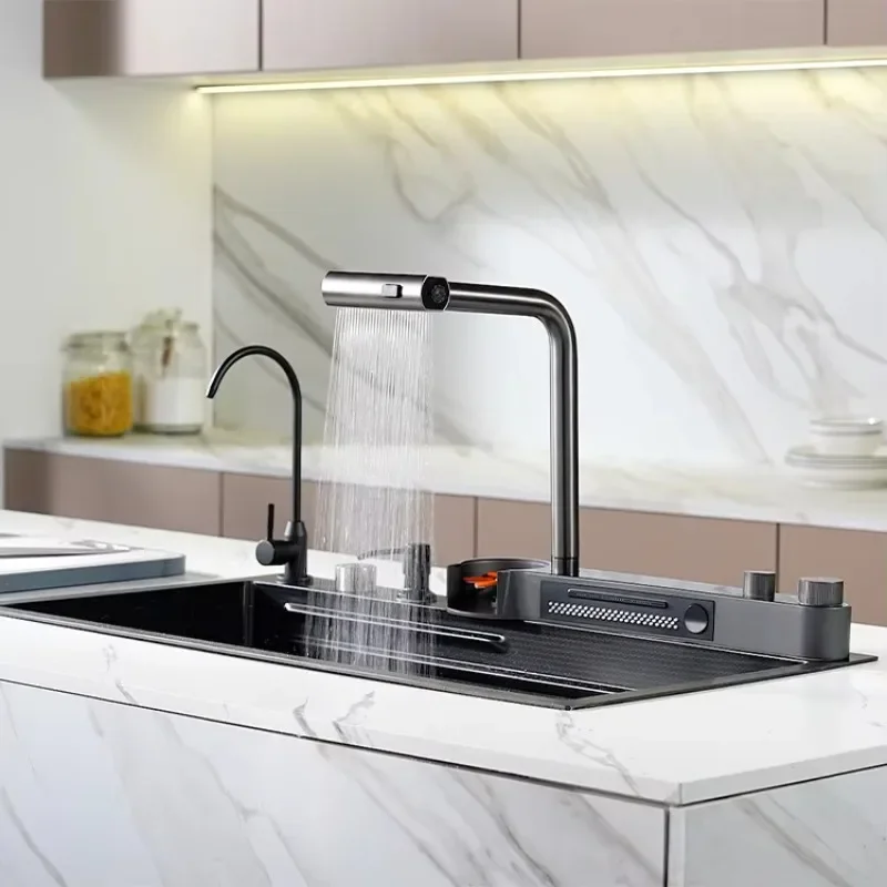 

【Best-selling】RTS Factory Customize Kitchen Sink Faucet Set Stainless Steel Smart LED Kitchen Sink With Waterfall Rainfall Fauce