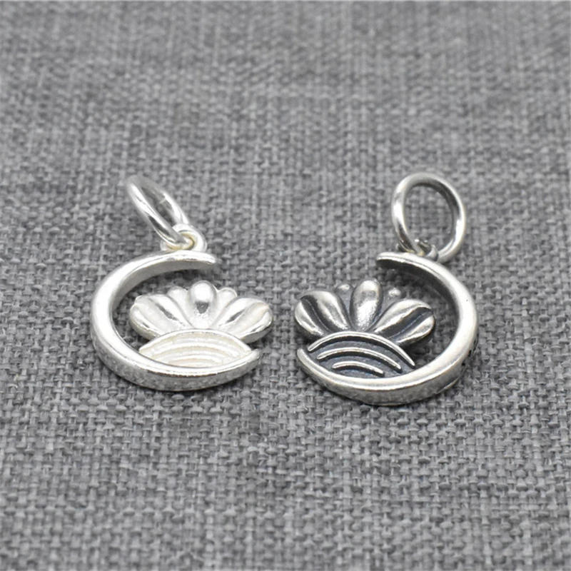2 Pieces Lotus in the Moon Charms Double Sided in 925 Sterling Silver for Necklace and Bracelet Making