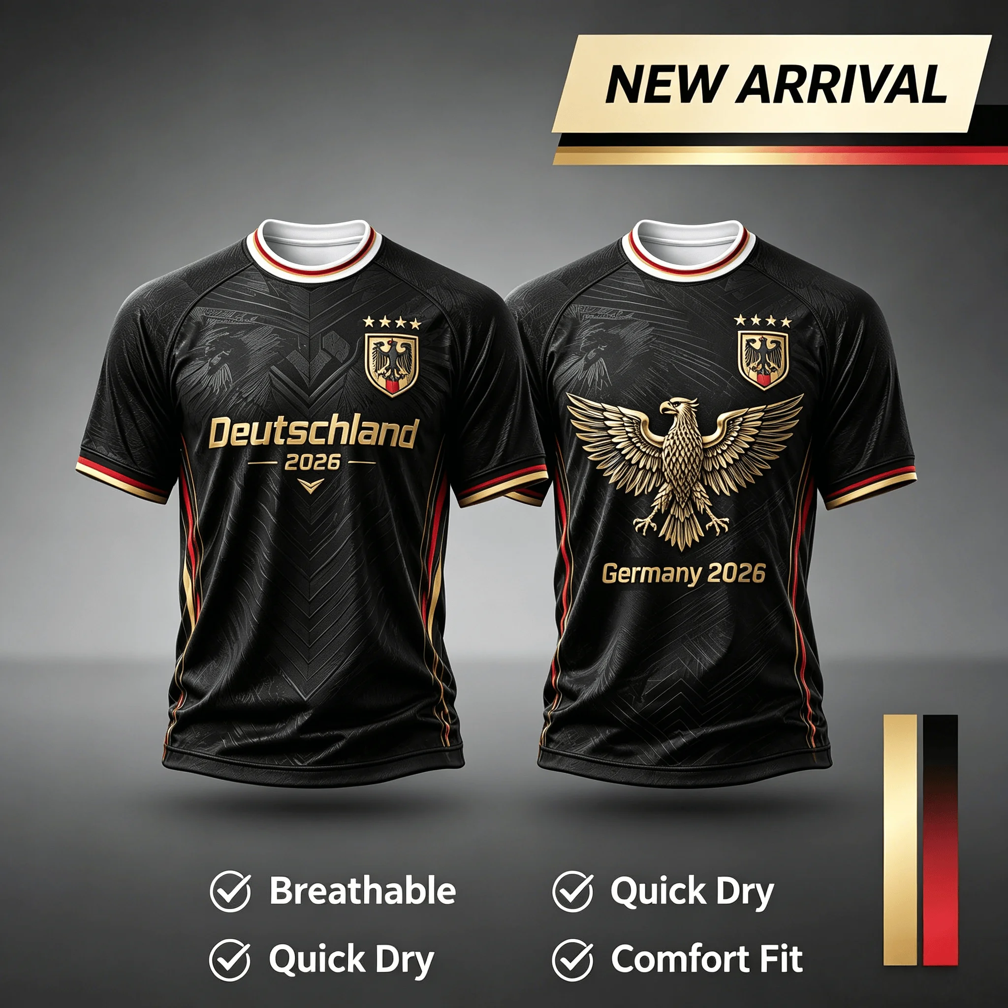 Deutschland 2026 Schwarzes Fußballtrikot mit goldenem Adler-Print, atmungsaktives, schnelltrocknendes Fußballshirt für Herren, Fans, Sport-Trainingsuniform 26 – Detail 11