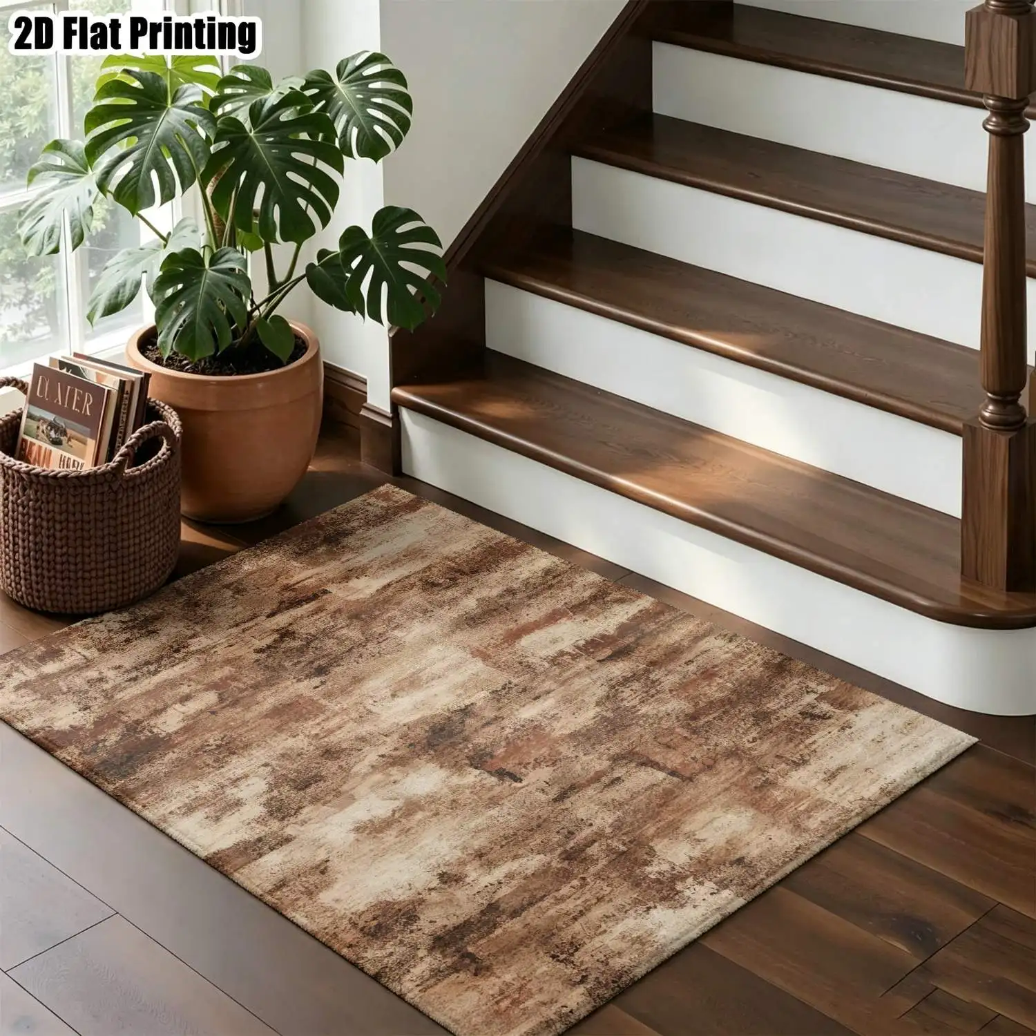 1Pc 2D Printed Retro Brown Beige Abstract Art Carpet, European/Bohemian Style, Machine Washable, Multi-Size, for Living Room Bedroom Dining Room Entrance Study Home Decoration