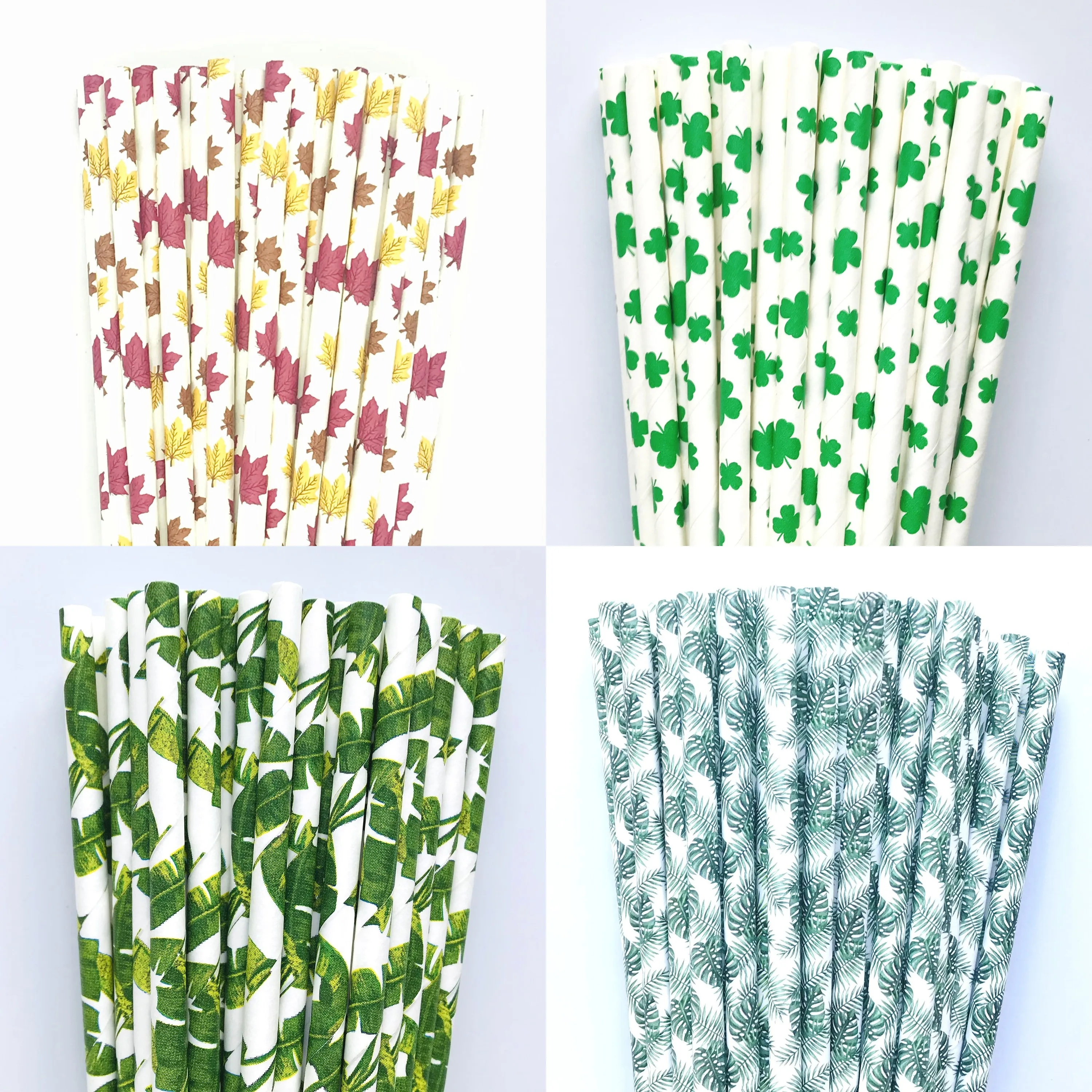 200 Pcs Leaf Print Drinking Paper Straws-Green Yellow Brown Red Maple Plantain Monstera Palm Clover Shamrock Party Summer Autumn