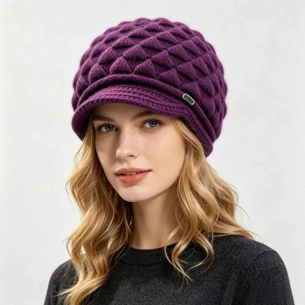 New Diamond Pattern Women's Winter Visor Beanie Extended Sides Loose Fit Ski Cap Warm Relaxed Newsboy Knit Cap Walking