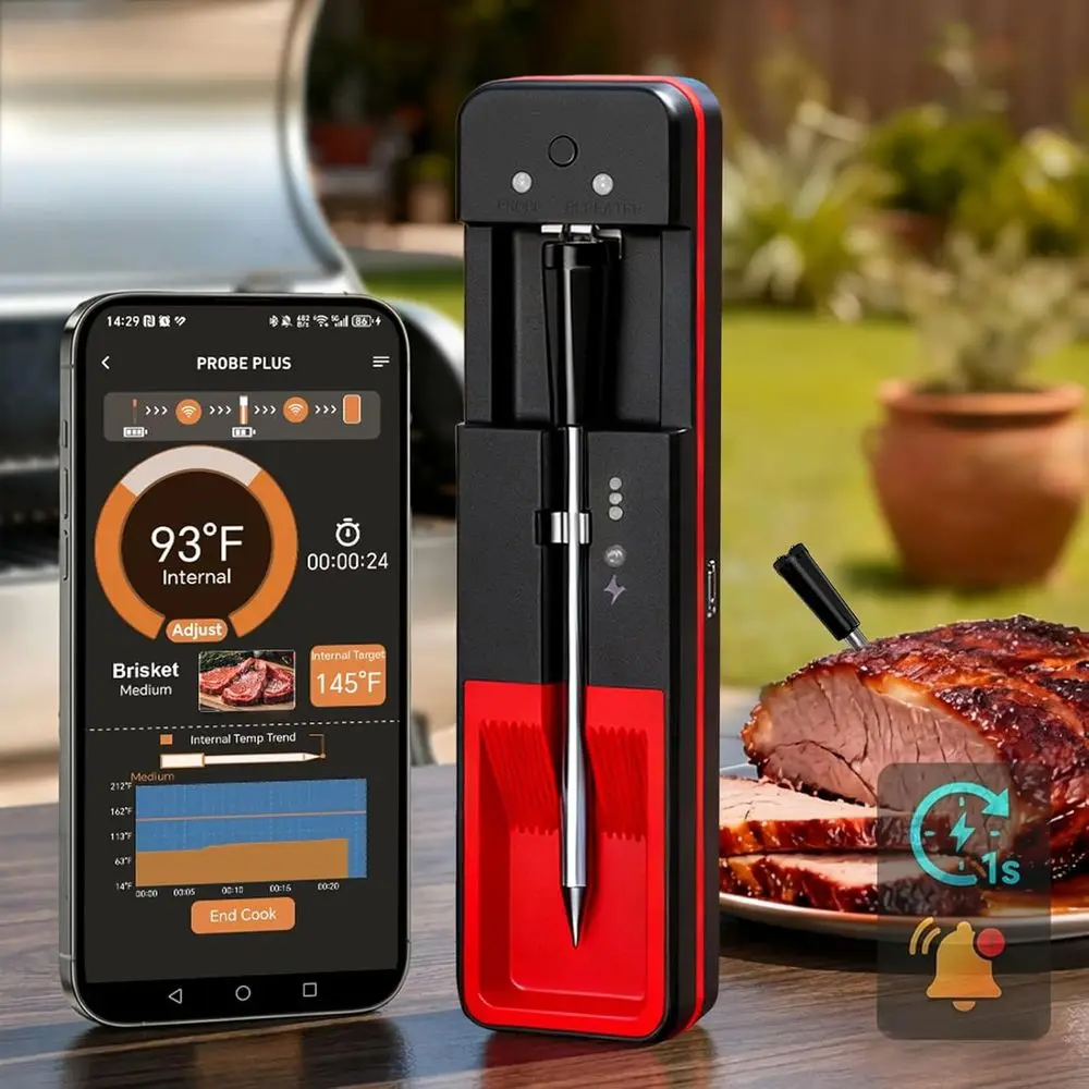

Беспроводной цифровой термометр для мяса: Умный Bluetooth-термометр с большим радиусом действия для копчения на открытом воздухе - 24-часовое отслеживание температуры с датчиком и оповещениями через приложение