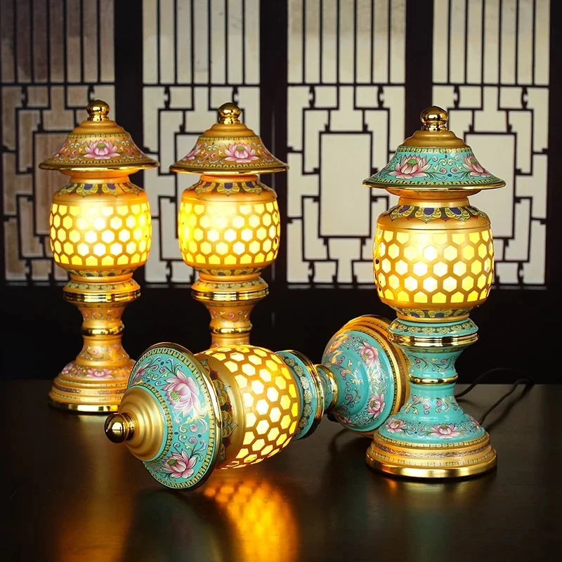 LED Tang Pattern Enshrined Eternal Light Enamel Lotus Lamp Buddha Statue Plug in Lotus Lamp for Worship Home Buddhist Ornaments