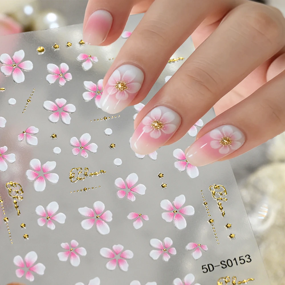 

5D Pink White Gradient Sakura Flower Nail Stickers Cute Five Petal Floral Nail Decals Self-Adhesive Cherry Blossom Nail Decor