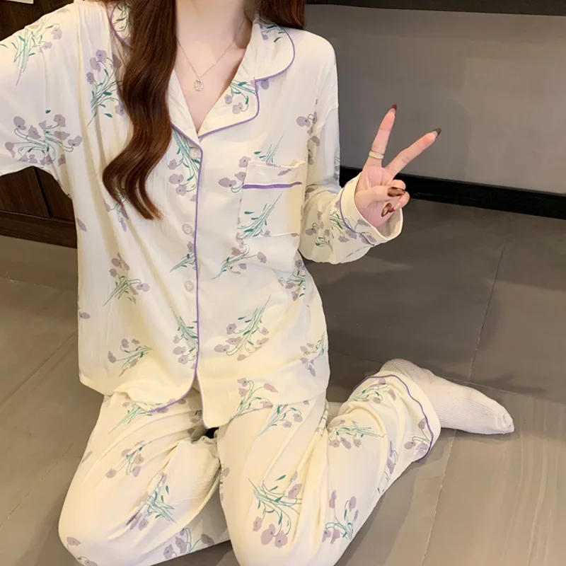 New Korean-Style Spring/Fall Sweet Floral Women's Long-Sleeve Pajama Set, Princess-Style, Plus Size, Loose-Fitting Loungewear