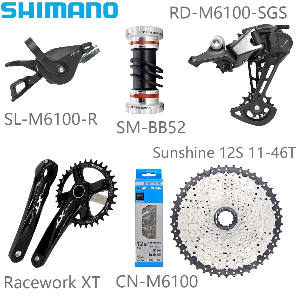 SHIMANO M6100 12 Speed Bicycle Derailleur Kits CN-M6100 Chain Racework XT Crankset Sunshine 11-46/50/52T Cassette Bicycle Parts