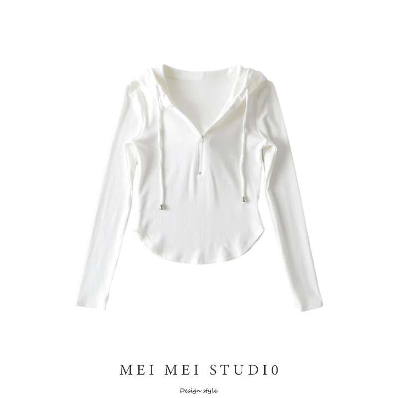 

Street Sle Slim Fit Long Sve T-irt Women's Hoodie Zipper Cotton Ribbed Crew Ne Spring Autumn New Arrival Pure Desire