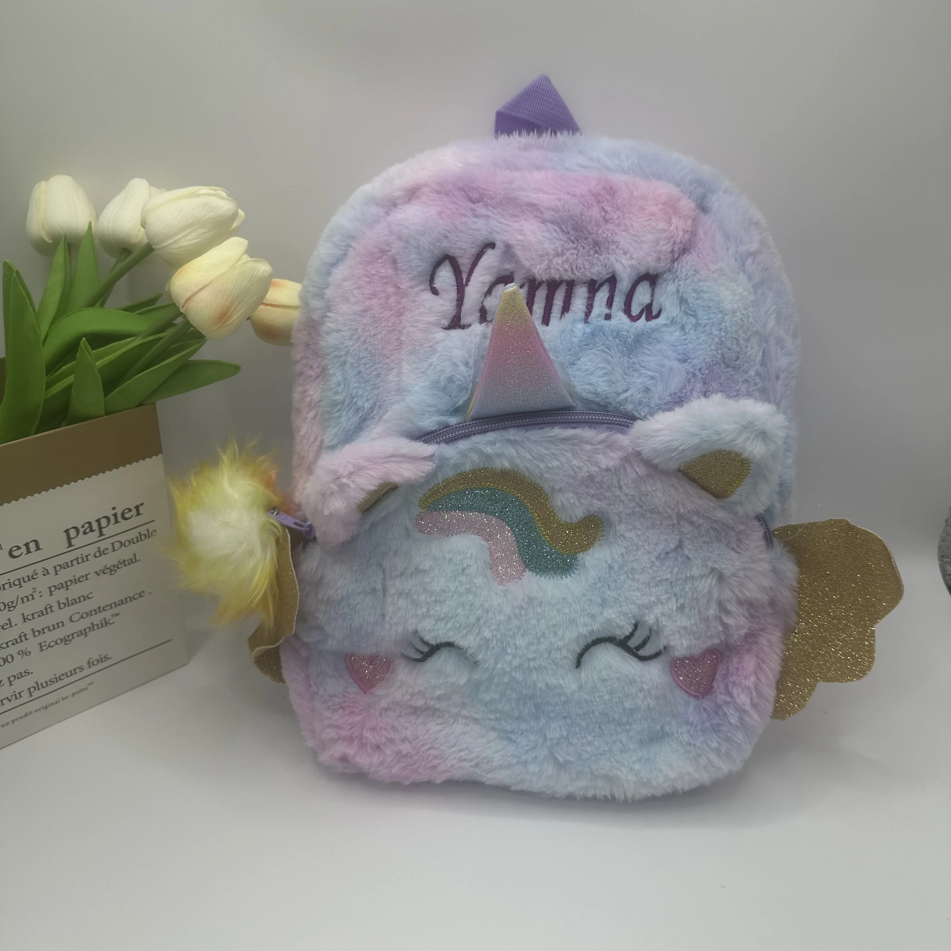 Zaino unicorno borsa per libri in peluche tinta unita personalizzata borsa per ragazza con ali carine regalo per il giorno dei bambini regalo di compleanno