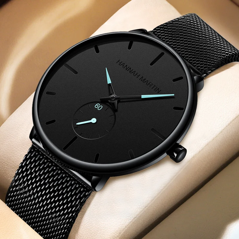 Hot Selling Black Ultra Thin Leisure Chronograph Stainless Steel Mesh Vertical 3ATM Waterproof Japan Movt Quartz Watch