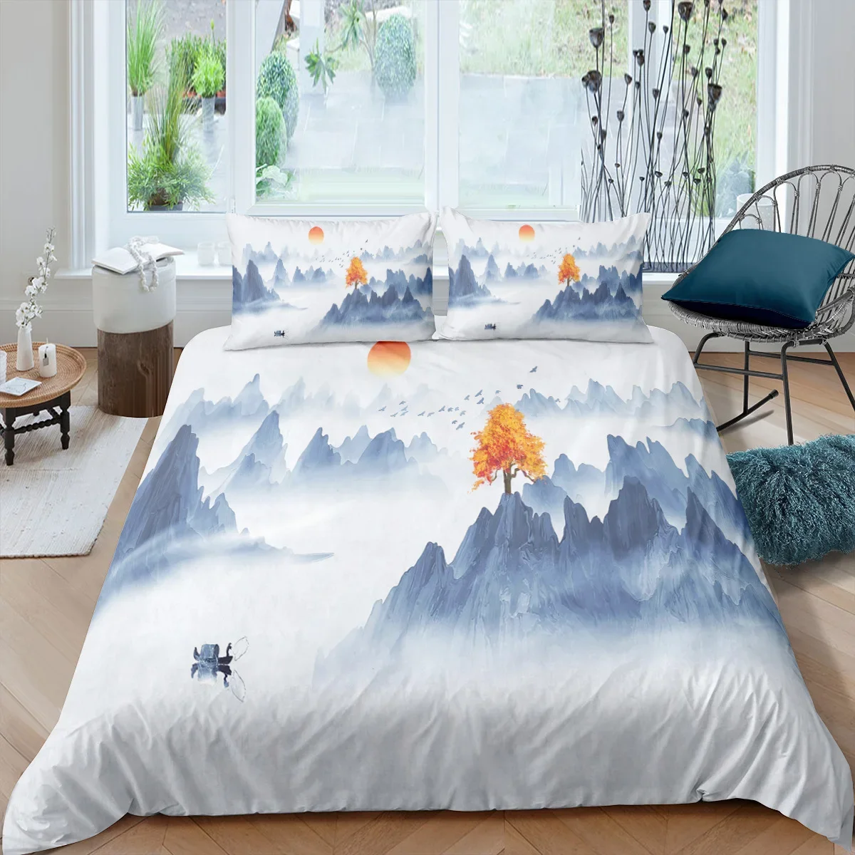 

Natural Landscape King Queen Duvet Cover Comic Ink Painting Style Bedding Set Adults Tree Mountain River Polyester Quilt Cover