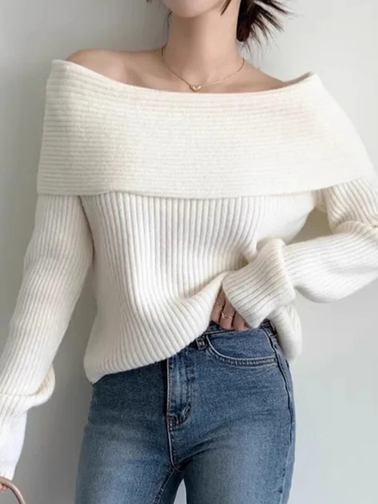 

Korean Style Elegant Slash Neck Off The Shoulder Long Sleeve Sweater Loose All Match Top Women 2024 Spring Winter X687