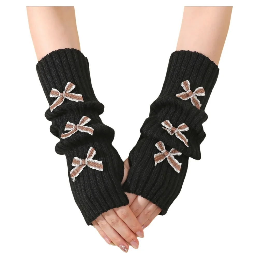 Cute Thicken Bow Arm Warmers Long Knit Soft Knitted Y2K Fingerless Gloves Sweet Bowknot Sleeve Cover Female