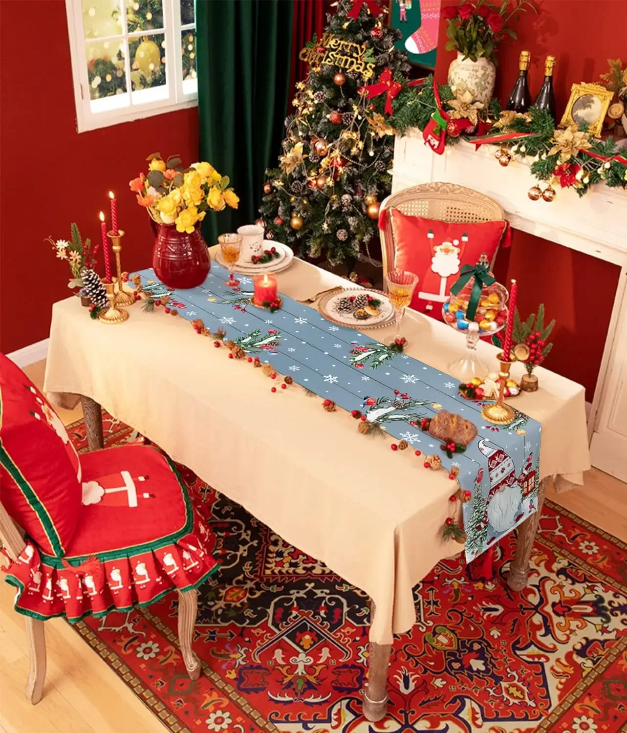 Christmas Gnome Tree Snowflake Wood Grain Table Runners Party Decor Winter Kitchen Dining Table Runners Christmas Decorations