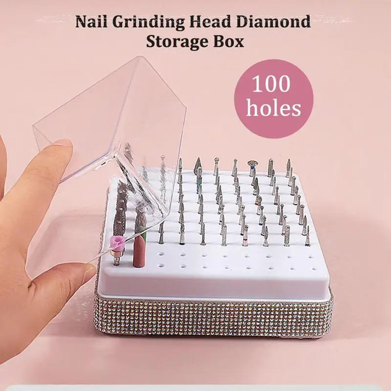 Soporte para brocas de uñas con 100 agujeros, soporte ostentoso con diamantes de imitación, organizador de exhibición, contenedor de almacenamiento a prueba de polvo, caja para salón de uñas