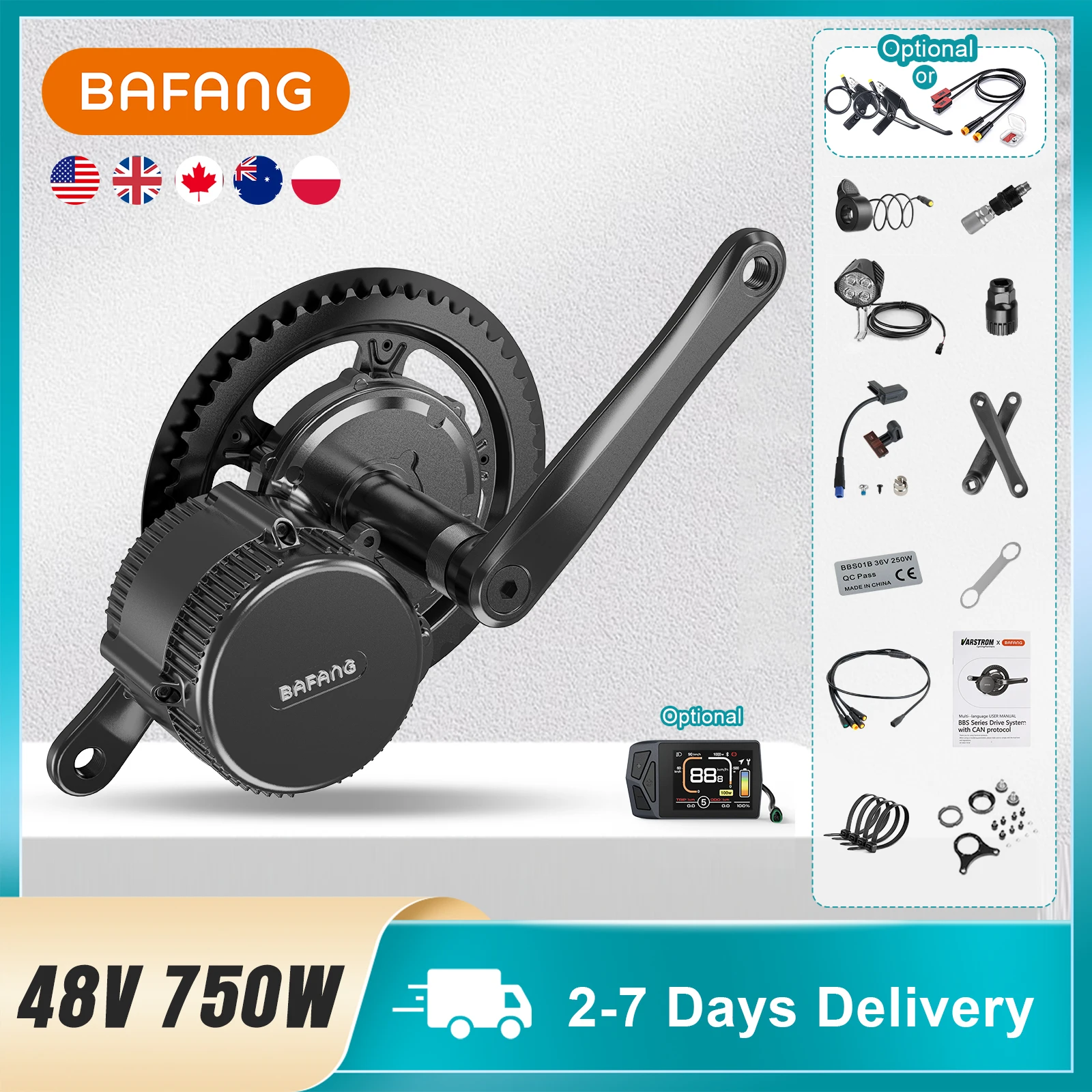[US Local Shipping] Bafang Motor 750W 48V BBS02B BBS-HD Mid Drive Motor Kit 500W 1000W 52V 1000W Electric Bike Conversion 100N.m 120N.m 160N.m Torque M315 M615 G340 G320 E-Bike Central Motor 68-120mm BB Display Throttle Speed Sensor