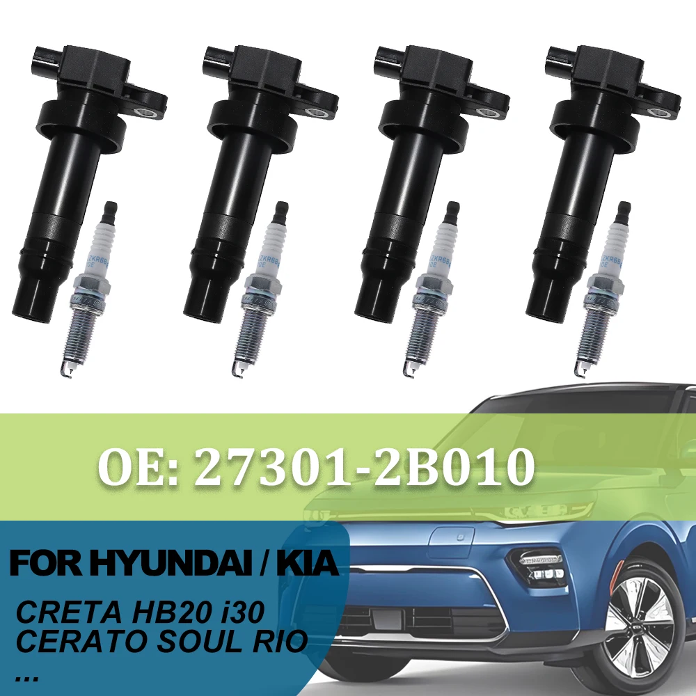 Ignition Coils & Spark Plugs Set For HYUNDAI CRETA 1.6 2016-2021 ACCENT IV ELANTRA I30 HB20 HB20X KIA SOUL RIO 27301-2B010 UF636
