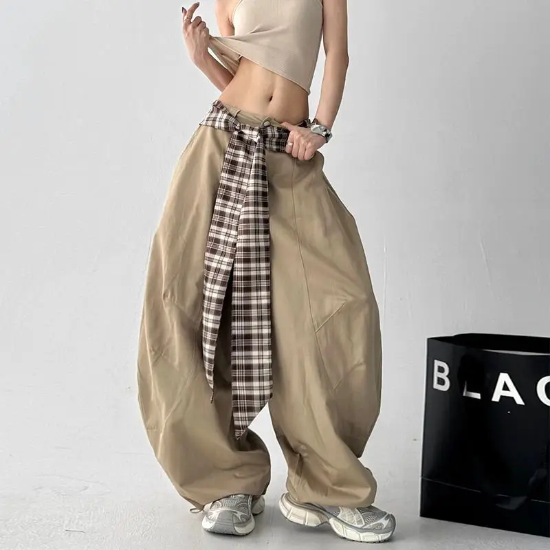 Slack scimitar wide-leg pants women's 2025 summer design plaid belt loose versatile drape casual trousers