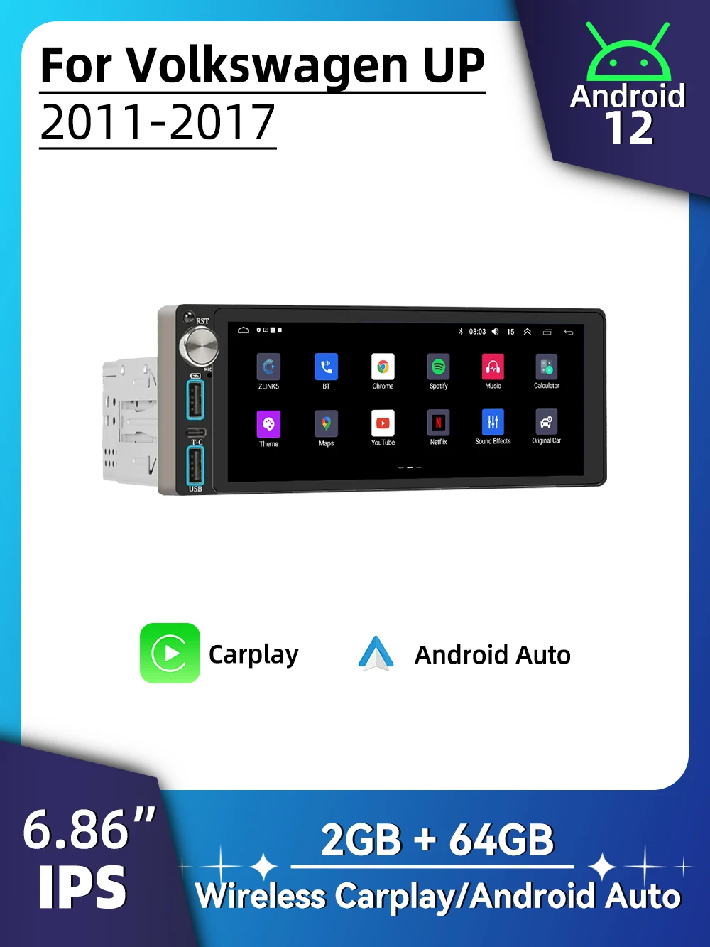 Carplay Autoradio Android Auto Multimedia voor VW Volkswagen UP 2011-2017 6.86 "Scherm 1 Din Radio Stereo Head Unit GPS Navigatie - afbeelding 2