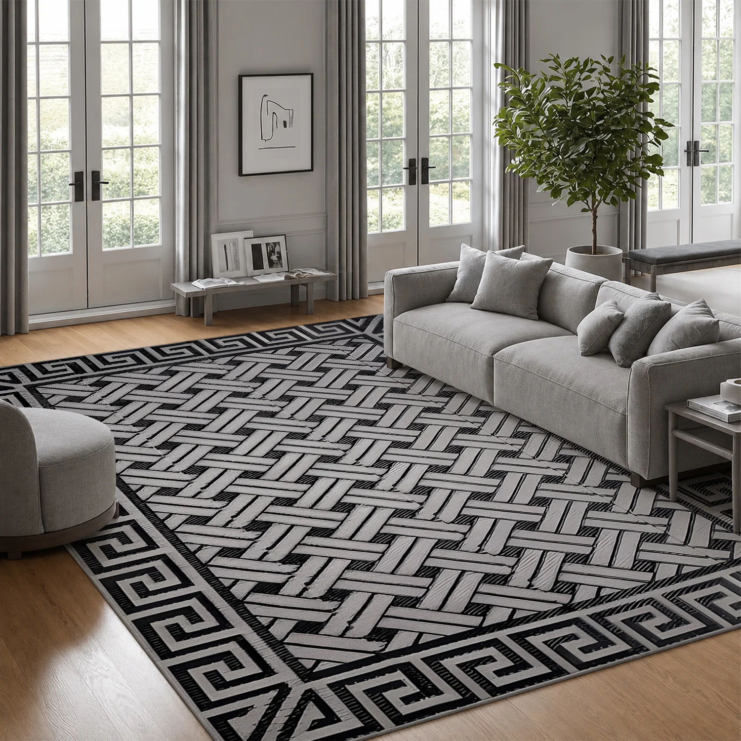 Large Indoor Area Rug, Soft Velvet Low Pile, Non-slip Dotted Backing, Machine Washable, Black & White Woven Greek Key Lattice Design for Living Room, Bedroom