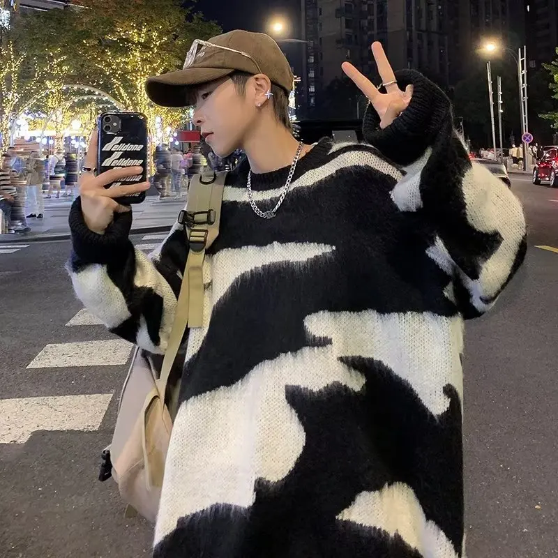 

Loose Fit Hong Kong Sle Men's Knitwear Autumn Winter Large Size 250 Pou Color Blo Lazy Streetwear Top Baseball Collar