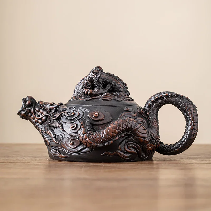 Jianshui Clay Purple Pottery Carving Dragon Teapot Hand Painted Antique Relief Teapot Household Teapot Kungfu Tea Set Kettle