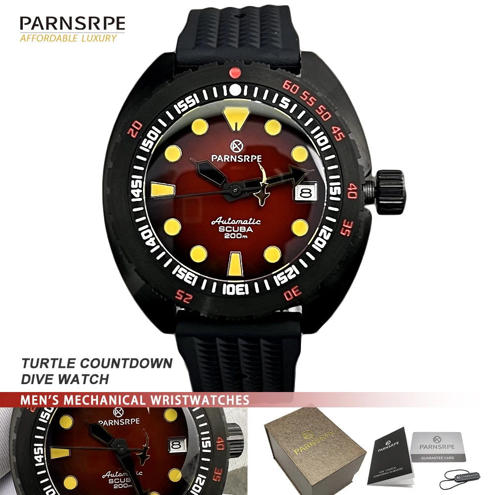 PARNSRPE NH35 42mm Turtle Diver Watch, Vintage Black PVD 316L Steel Case Sapphire Crystal Solid Caseback,
