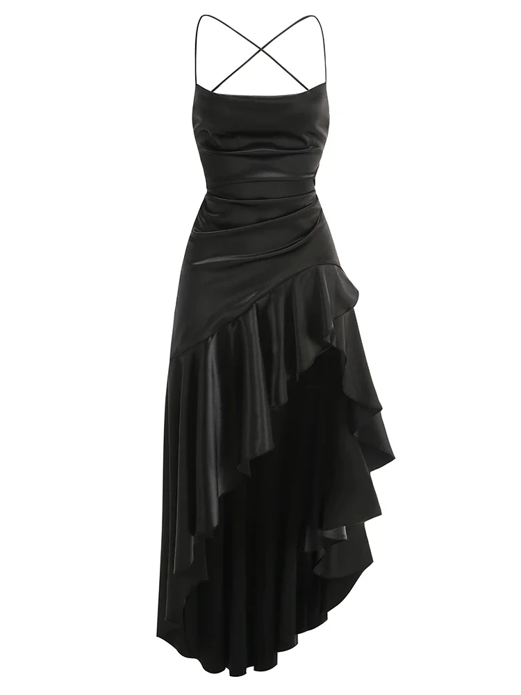 

Sexy Spaghetti Strap Asymmetric Ruffles Split Long Dress Women Pink Black Red Sleeveless Backless Lace-up Dresses Party Evening