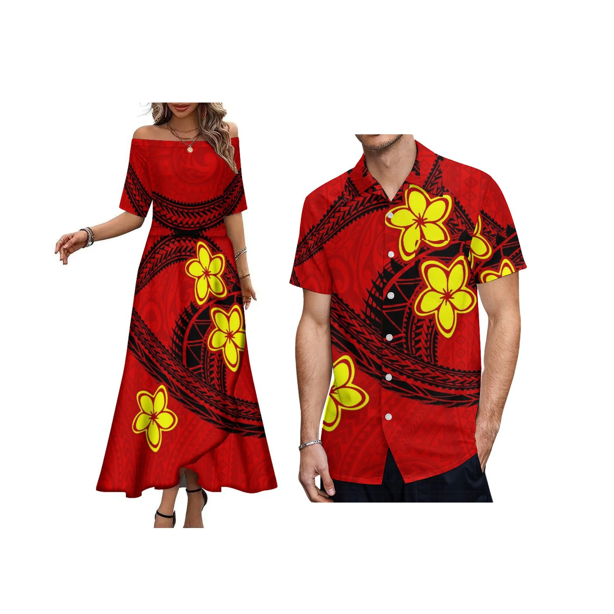

High Quality Wholesale Customized Hawaii Print Design Off Shoulder Women Dress Samoan Half Sleeve Casual Island Dress