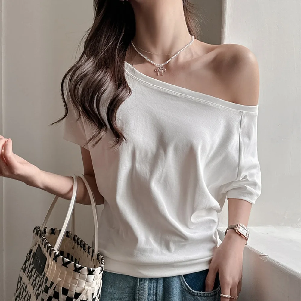 

Modal One-shoulder Short-sleeved T-shirt for Women in Summer New Sweet, Spicy, Loose and Versatile Off-shoulder