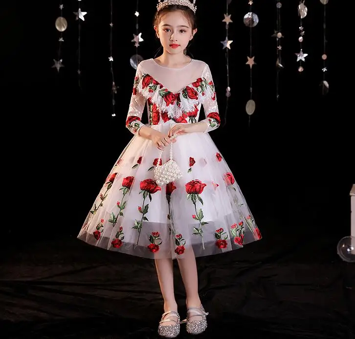 Children's dress rose embroidery mesh aline party  white girl princess dress tutu