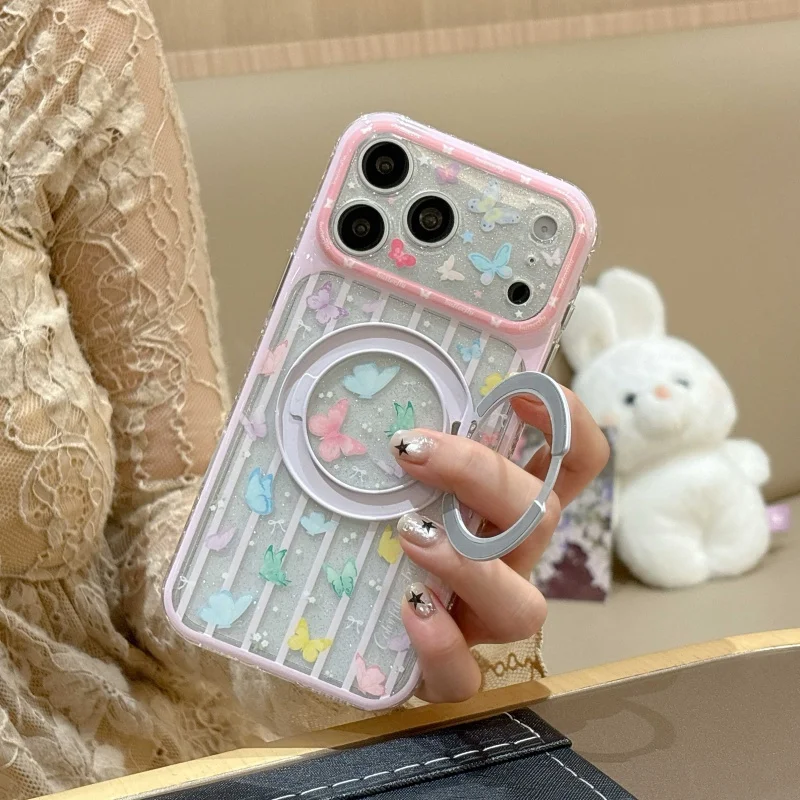 

Clear Glitter Color Little Butterfly Phone Case For iPhone 17 Pro 16 15 Pro Max Cover with Stand Shockproof Cute Protective Case