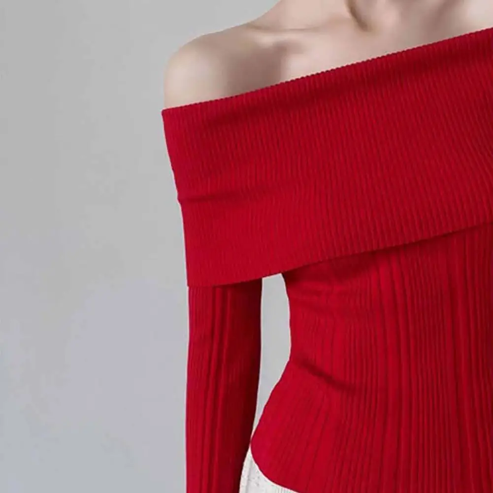 Sexy Off Shoulder Knit Sweater Women Knitting Tops Long Sleeve Slim Fit Pullover Tops Solid Color Ribbed Blouse Daily Wear