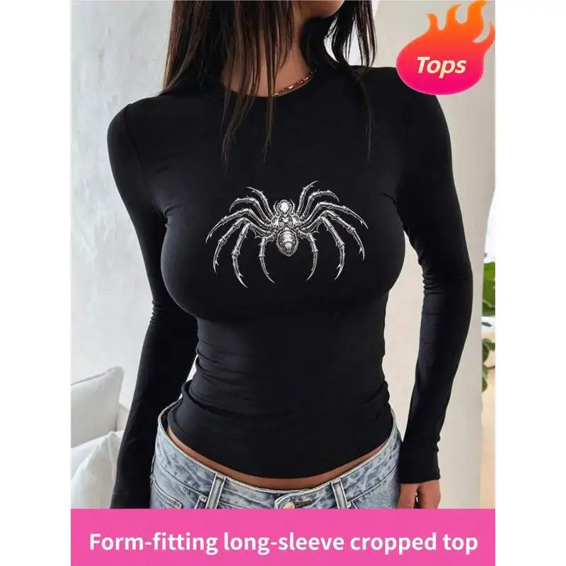 Mechanical Style Spider Pattern Printed T-Shirt, Slim Fit Long Sleeve Tee, Seasonal Fashion, Retr,Fall Clothes For Women,Tops