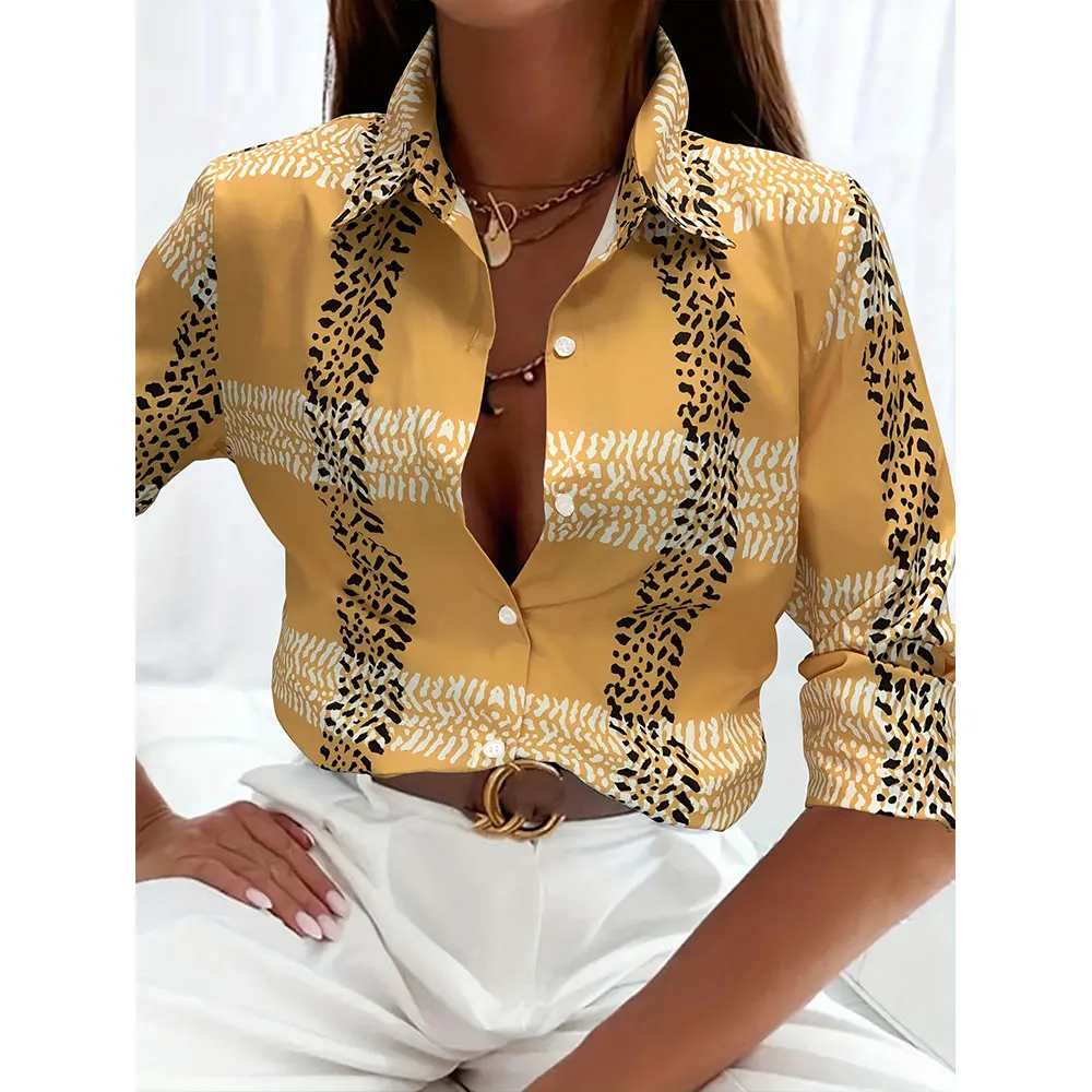 Women\'S Casual Shirt Fashion Color Block Digital Print Lapel Shirt Women\'S Large Size Long Sleeve Top Hawaiian Vacation Shirt