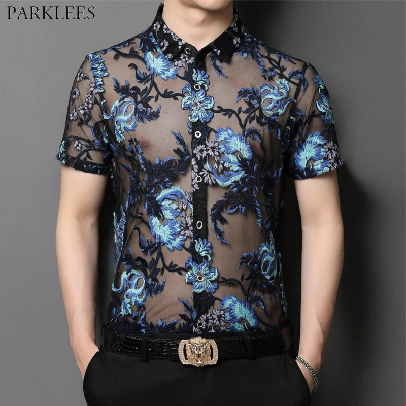 Luxury Floral Embroidery Transparent Shirt Men Short Sleeve Slim Fit Lace Sheer Shirts Mens Casual Social Fishnet Chemise Homme