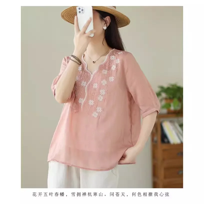 Cotton and Linen Embroidery Shirt 2024 Summer New T-shirt Literature Little Fresh V-neck Appear Thin Thin Style Comfortable Tops