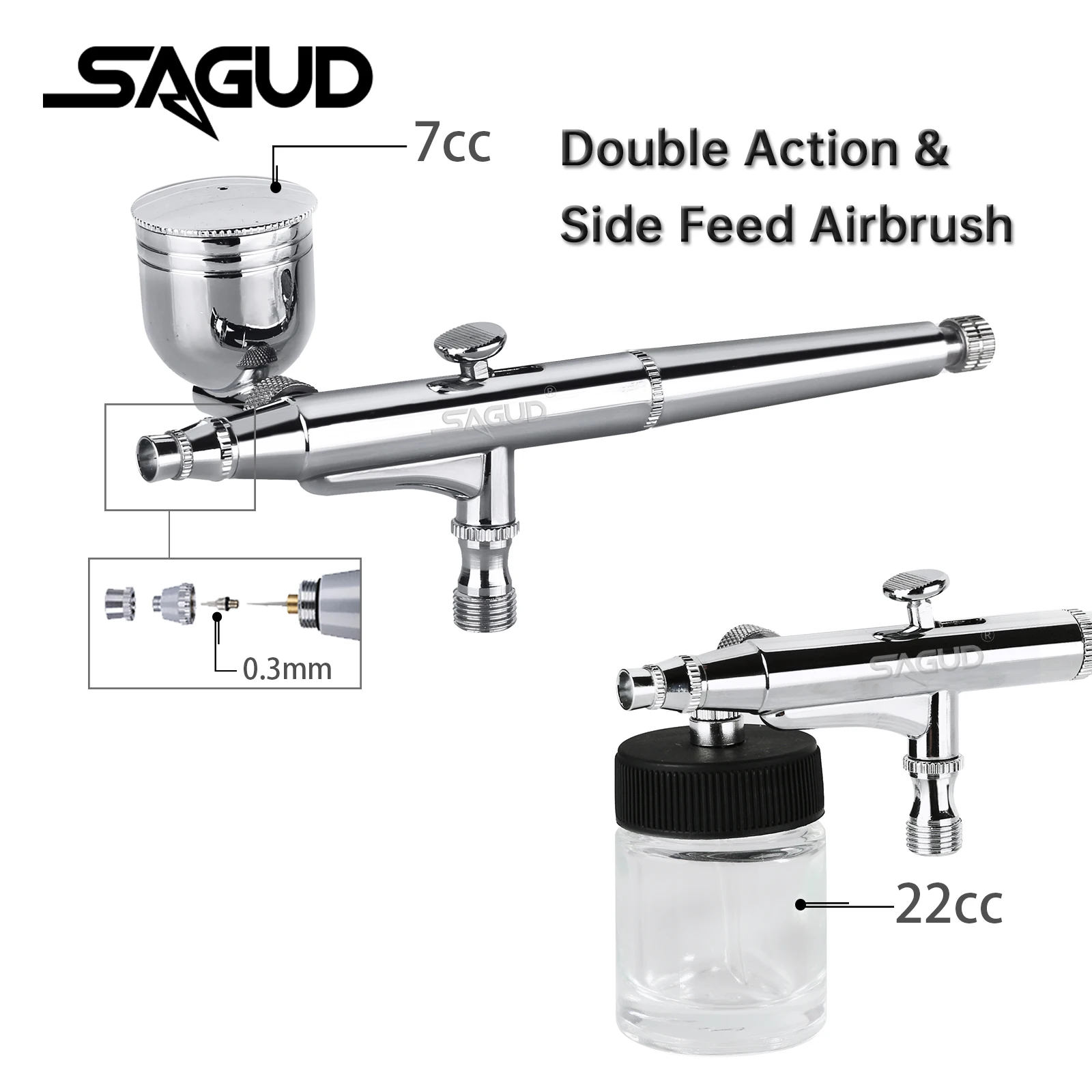 SAGUD Airbrush Kit Dual-Action Side Bowl Feed Airbrush mit 0,2 Düsennadel und Farbglasflasche für Nail Art Cake Hobby