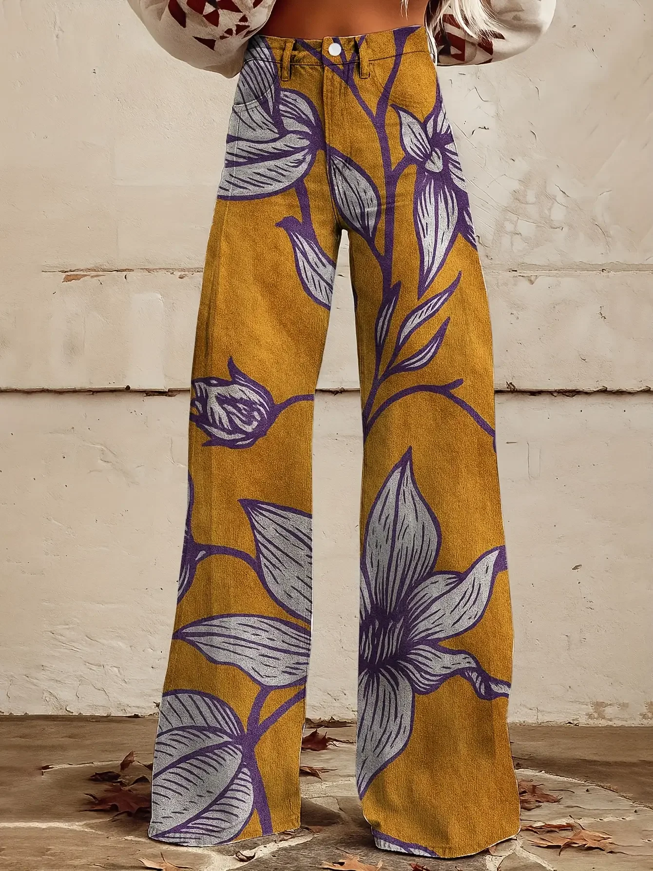  Women's new casual jeans with a variety of colorful western prints, loose wide leg design, Oversized sunflower pattern