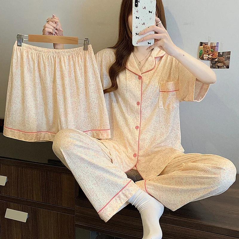 Romantic Small Floral Print Women's Pajamas Literary Aesthetics Home Casual Milk Silk Pyjamas Autumn Spring Fashion Nightwear