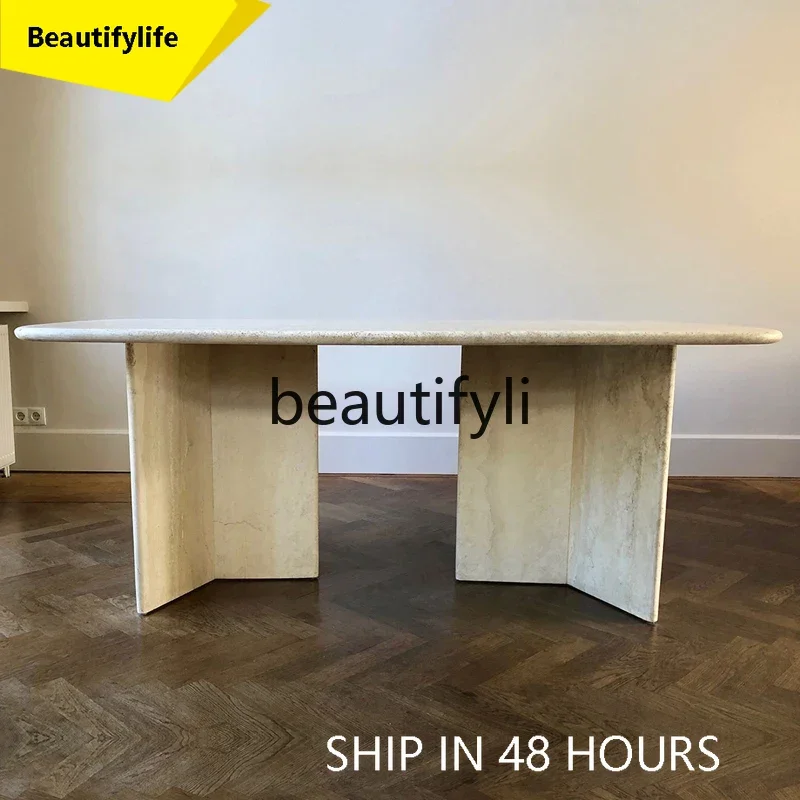 

smt1 Nordic cream wind tunnel stone dining table rectangular light luxury household small apartment wabi sandy wind creative mar