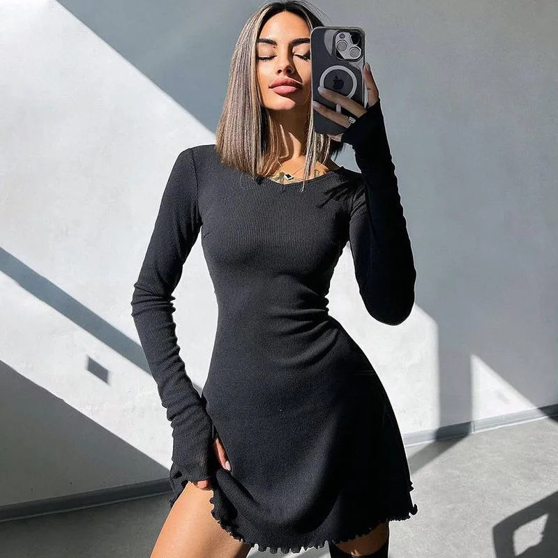 2025 New Women's O-neck Solid Long Sleeve Mini Dresses Tie up Sexy Short Dress Hip Wrap Slim Casual Shirt Fashion Y2k Clothes