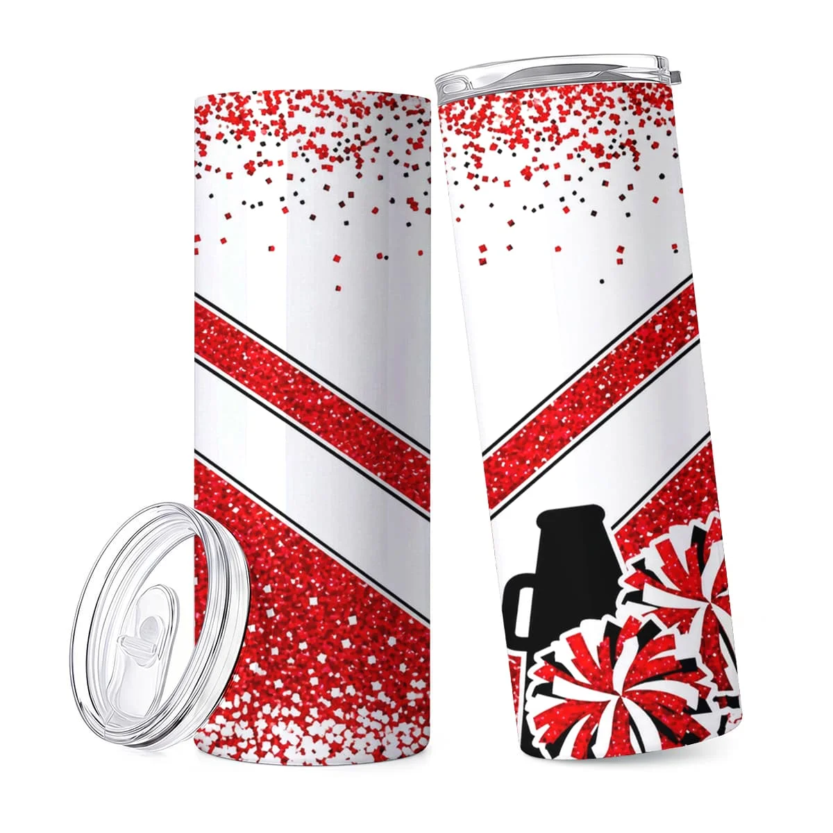 1pc 20Oz Red Glitter Chevron V-Shape with Pom-Poms Silhouette Stainless Steel Insulated Tumbler Coffee Office Travel Mug with Lid Cup Daily Use Leakproof And Keep Drink Hot And Cold Ideal Gift for Cheerleaders Friends Family on Holidays Or
