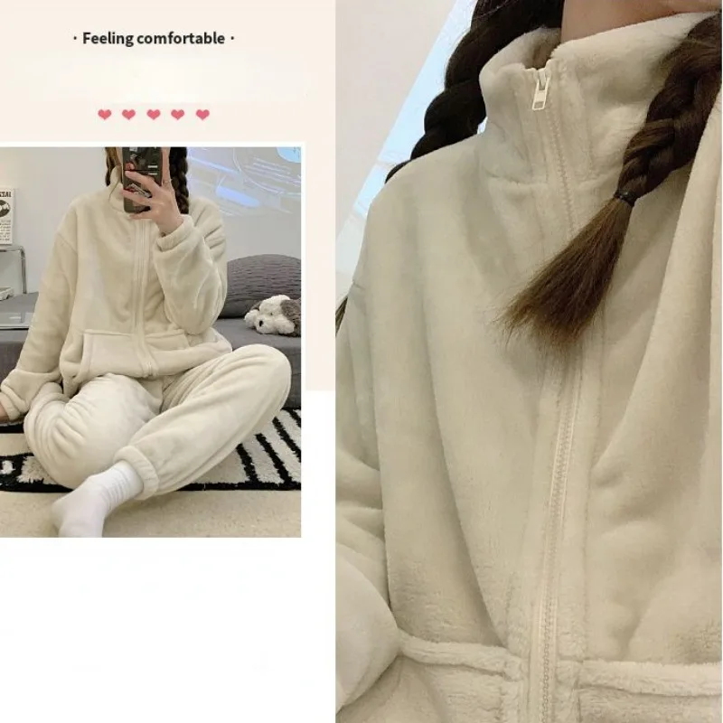 2023 New Coral Velvet Pajamas Women Warm Thick Loungewear Autumn Winter Plush Sleepwear Cartoon Zipper Style Flannel Homewear