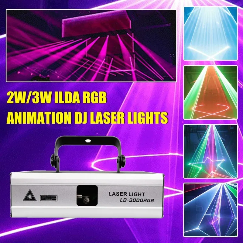 2W 3W ILDA Full Color RGB Pattern Scanning Effect Laser Light DMX512 Music Control Laser Projector for DJ Disco Stage Home Party