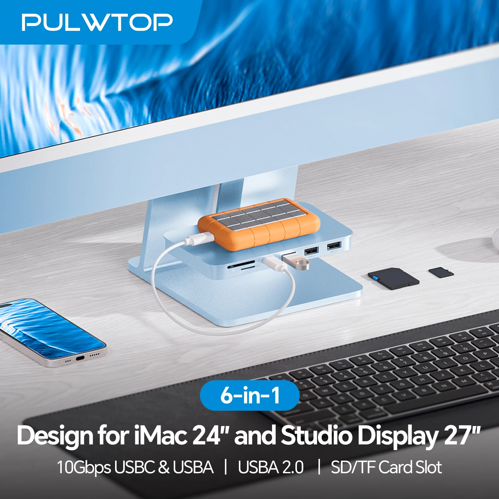 

USB-хаб PULWTOP для iMac с портами USB A/C 10 Гбит/с, USB A 2.0, и устройством для чтения карт SD/TF для iMac 24 дюйма M1/M3/M4 и Studio Display 2