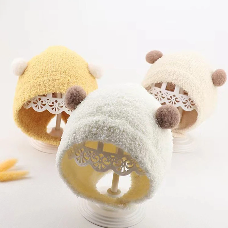 Cute Pom Bear Baby Hat 2024 Autumn Winter Baby Beanie Hat Girls Boys Ear Protection Hat Soft Thickened Bonnet Cap