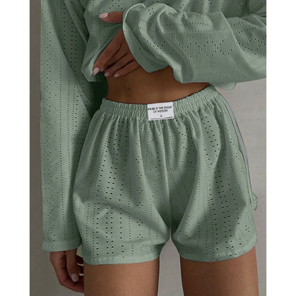 Women Hollow Out Round Neck Long Sleeve Top & Elastic Waist Shorts Set Casual Solid Two Pieces Suit Sets Streetwear Outfits