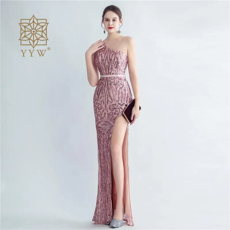 Mermaid Women Dress Pink Evening Party One Shoulder Cocktail Fairy Dress Crystal Sequins Side Split Maxi Bride Banquet Vestidos